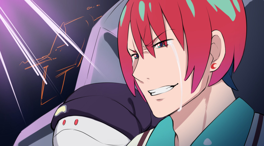 1girl amate_yuzuriha beach black_hat blue_shirt clenched_teeth collared_shirt commentary_request crying crying_with_eyes_open earrings green_eyes gundam gundam_gquuuuuux hair_between_eyes haro hat highres hoshimiya_aki jacket jewelry man_face portrait red_hair robot shirt solo stud_earrings tears teeth v-shaped_eyebrows white_jacket