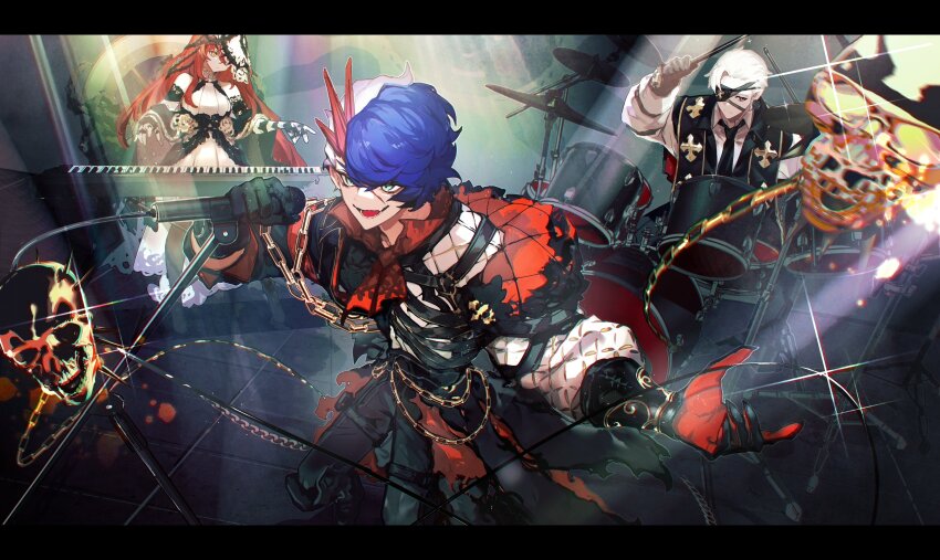 1girl 2boys absurdres alchemy_stars alternate_costume ascot black_footwear black_gloves black_necktie black_pants blue_hair boots cable chain coat diffraction_spikes dress drum drum_set drumsticks eyepatch giles_(alchemy_stars) gloves green_eyes highres holding holding_drumsticks holding_microphone instrument keyboard_(instrument) letterboxed long_hair long_sleeves microphone microphone_stand multicolored_hair multiple_boys music nails_(alchemy_stars) necktie open_mouth pact_(alchemy_stars) pants playing_instrument popped_collar red_hair scar scar_on_face shiba_(s_hi_ba_) short_hair skull smile sparkle stage_lights standing two-tone_hair white_dress white_hair yellow_eyes