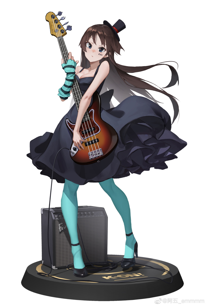 1girl a_wu absurdres akiyama_mio amplifier aqua_gloves aqua_pantyhose bare_shoulders bass_guitar black_dress black_footwear black_hat blue_eyes bow breasts brown_hair cable chinese_commentary cleavage collarbone commentary_request don&#039;t_say_&quot;lazy&quot; dress dress_bow elbow_gloves facial_mark figure_stand floating_hair frilled_dress frills full_body gloves hand_up hat high_heels highres holding holding_instrument instrument k-on! legs_apart long_hair looking_at_viewer mini_hat mini_top_hat pantyhose simple_background single_elbow_glove sleeveless sleeveless_dress solo spaghetti_strap striped_clothes striped_gloves top_hat white_background