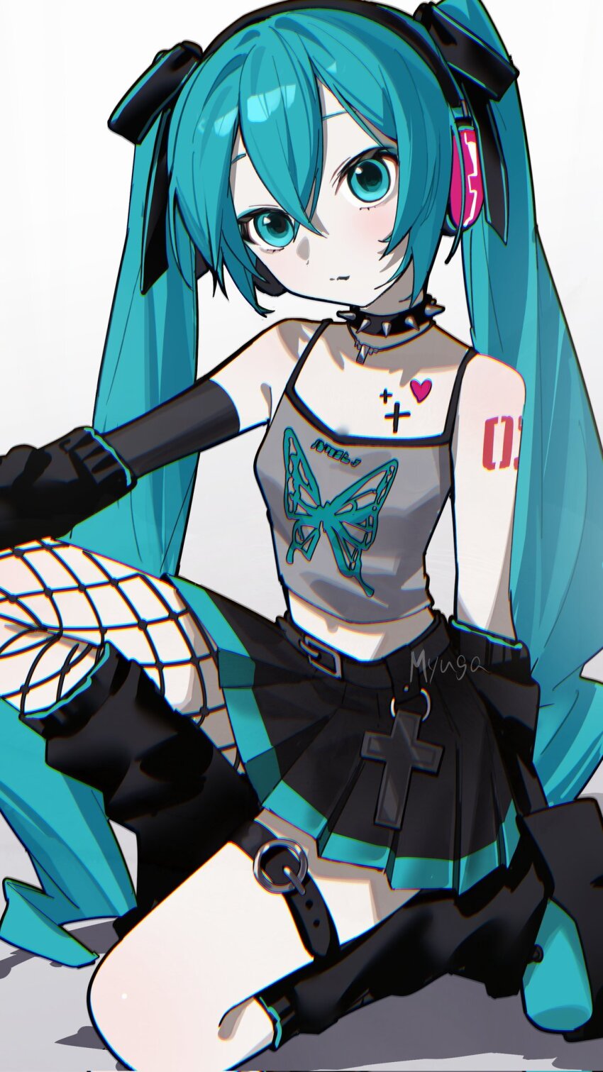 1girl aqua_eyes aqua_hair aqua_trim arm_on_knee artist_name belt black_leg_warmers black_skirt black_sleeves blush breasts choker chromatic_aberration cleavage cross_tattoo detached_sleeves double-parted_bangs hair_between_eyes hair_ribbon hatsune_miku headphones heart heart_tattoo highres jewelry leg_warmers looking_at_viewer midriff_peek myuga66666 necklace number_tattoo on_one_knee pleated_skirt ribbon skirt small_breasts solo spiked_choker spikes tattoo thigh_strap twintails vocaloid