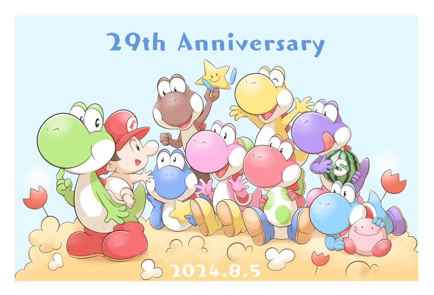 1boy 6+others anniversary aogaeru_(pixiv46613656) arms_up baby baby_mario blue_footwear blue_skin blue_yoshi boots border brown_hair brown_yoshi colored_skin dated egg english_text food fruit green_skin hat highres licking_lips light_blue_yoshi mario mario_(series) melon multicolored_skin multiple_others nintendo open_mouth outside_border pink_skin pink_yoshi purple_footwear purple_skin purple_yoshi red_footwear red_hat red_skin red_yoshi short_hair star_(yoshi&#039;s_island) super_mario_world_2:_yoshi&#039;s_island tongue tongue_out two-tone_skin white_border white_skin yellow_boots yellow_skin yellow_yoshi yoshi yoshi_egg