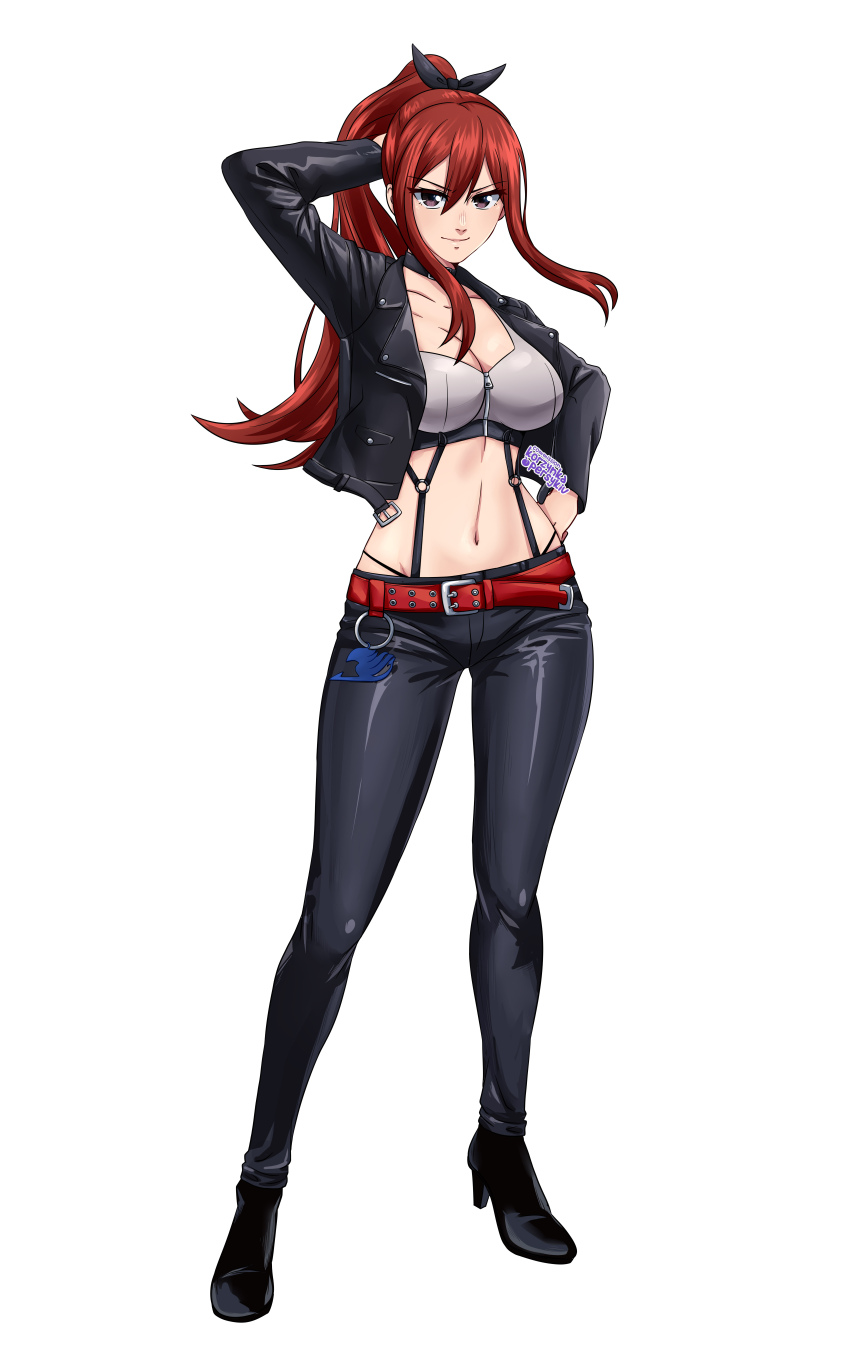 1girl absurdres arm_behind_head bad_link belt black_jacket black_pants breasts cleavage collarbone commission cropped_jacket erza_scarlet fairy_tail grey_sports_bra hair_between_eyes high_heels high_ponytail highleg highleg_panties highres jacket korzynka_persykiv large_breasts long_hair navel open_clothes open_jacket panties pants ponytail purple_hair red_belt red_hair sidelocks signature smile solo sports_bra suspenders underwear v-shaped_eyebrows