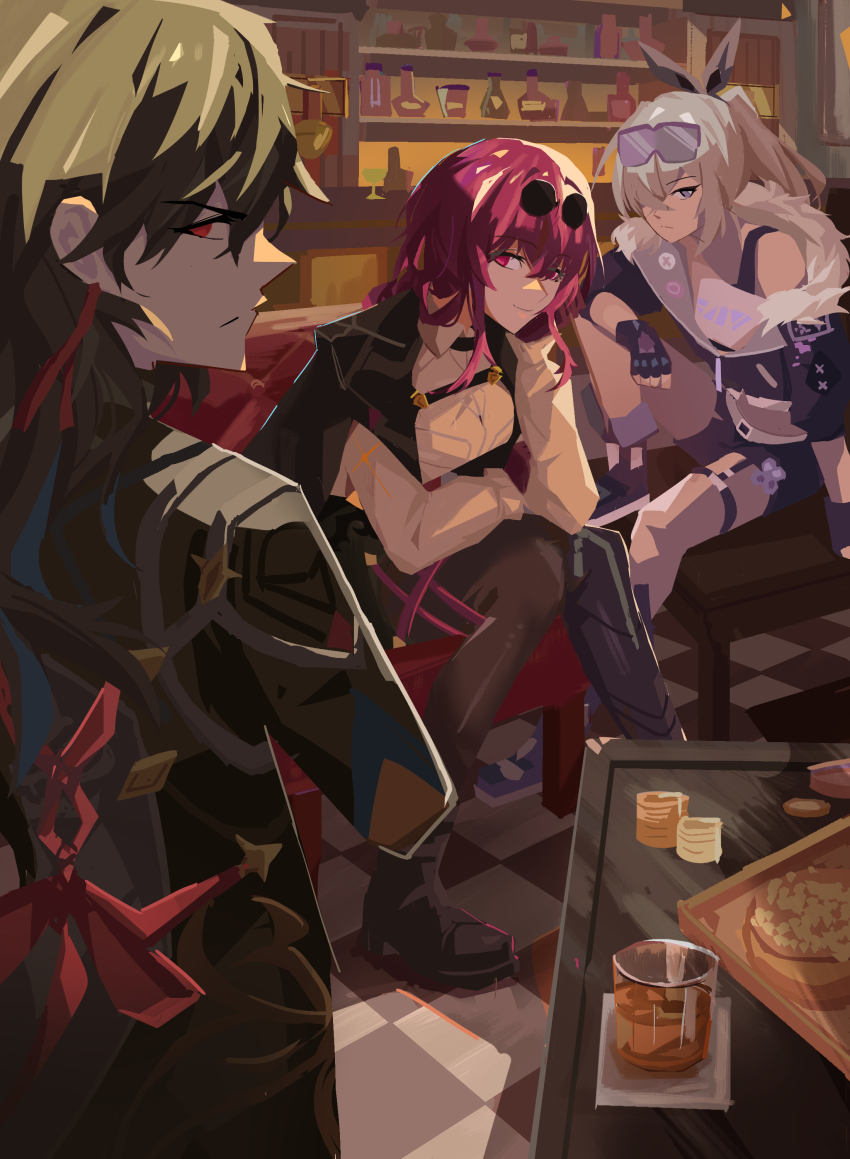 1boy 2girls absurdres black_jacket blade_(honkai:_star_rail) checkered_floor closed_mouth commentary_request couch cup eyewear_on_head from_behind grey_hair highres honkai:_star_rail honkai_(series) indoors jacket kafka_(honkai:_star_rail) knees_together_feet_apart long_hair looking_at_viewer looking_back multiple_girls on_couch pink_hair ponytail red_eyes silver_wolf_(honkai:_star_rail) sitting smile zb_relic