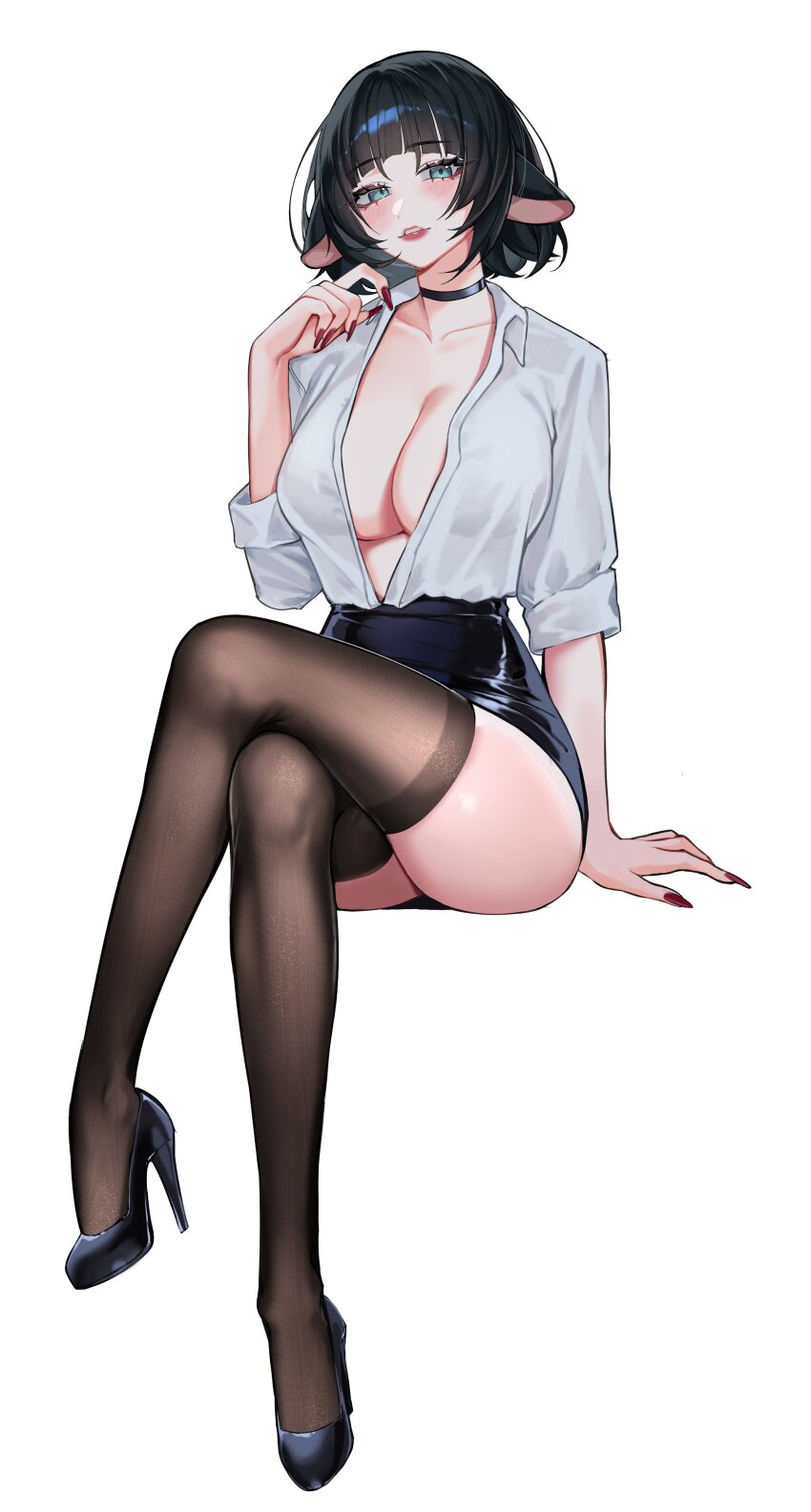 1girl absurdres aqua_eyes black_choker black_footwear black_hair black_skirt black_thighhighs blunt_bangs blush breasts choker cleavage collarbone collared_shirt dress_shirt evangellium hashtag-only_commentary high_heels highres invisible_chair jane_doe_(zenless_zone_zero) large_breasts looking_at_viewer mouse_girl partially_unbuttoned pencil_skirt red_lips red_nails shirt shirt_tucked_in short_hair simple_background sitting skirt sleeves_rolled_up solo thighhighs white_background white_shirt wing_collar zenless_zone_zero