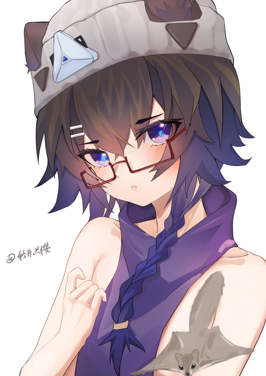 1girl absurdres animal animal_ears arknights artist_name bare_shoulders beanie blue_hair blue_pupils blush braid bright_pupils brown_hair commentary_request contrail_(arknights) convenient_censoring flying_squirrel glasses gradient_hair hair_ornament hairclip hat highres long_hair looking_at_viewer multicolored_hair naked_scarf parted_lips purple_eyes purple_scarf qing_jingze_ying_official rectangular_eyewear red-framed_eyewear scarf semi-rimless_eyewear simple_background solo squirrel squirrel_ears squirrel_girl white_background white_hat