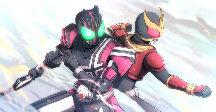 2boys armor asumakobayashi back-to-back barcode body_armor card clenched_hand compound_eyes decadriver rider_belt gloves glowing glowing_eyes green_eyes helmet henshin_pose highres holding holding_weapon kamen_rider kamen_rider_dcd kamen_rider_decade kamen_rider_kuuga kamen_rider_kuuga_(series) kuuga_(mighty) legs_apart male_focus mask multiple_boys pink_armor red_eyes ride_booker rider_belt solo space sword tokusatsu weapon