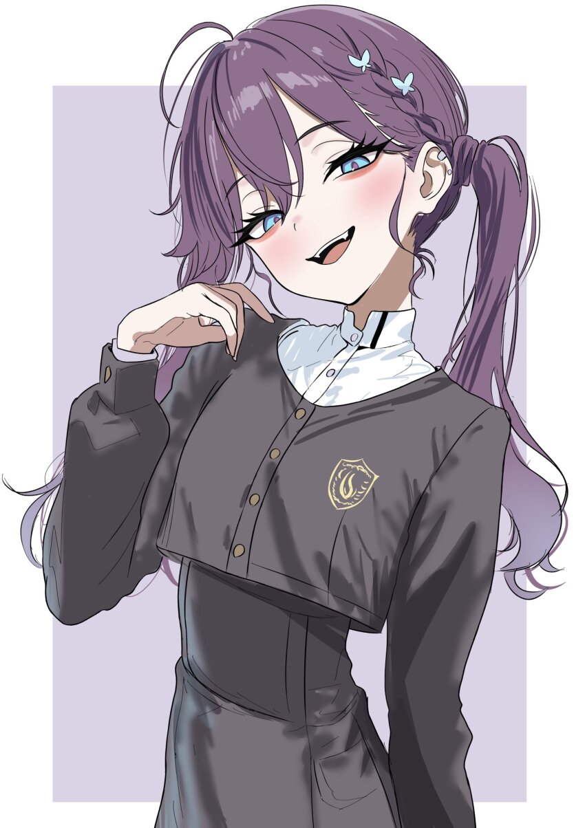 1girl black_jacket black_skirt breasts commentary cropped_jacket eyeliner fangs gakuen_idolmaster high-waist_skirt highres idolmaster jacket kaya_rinha long_hair looking_at_viewer makeup open_mouth purple_hair red_eyeliner shirt shubashuba skirt small_breasts smile solo teeth thick_eyelashes tongue twintails upper_teeth_only white_shirt