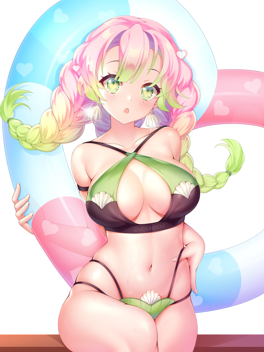 1girl bikini blush braid breasts cowboy_shot earrings female_focus gradient_hair green_eyes heart heart-shaped_pupils heart_pattern highleg highleg_bikini highres innertube jewelry kanroji_mitsuri kimetsu_no_yaiba large_breasts long_hair looking_at_viewer mole mole_under_eye multi-strapped_bikini multicolored_hair multiple_braids navel open_mouth pink_hair revision shell shell_earrings sitting skindentation solo string_bikini swim_ring swimsuit symbol-shaped_pupils uosaasou