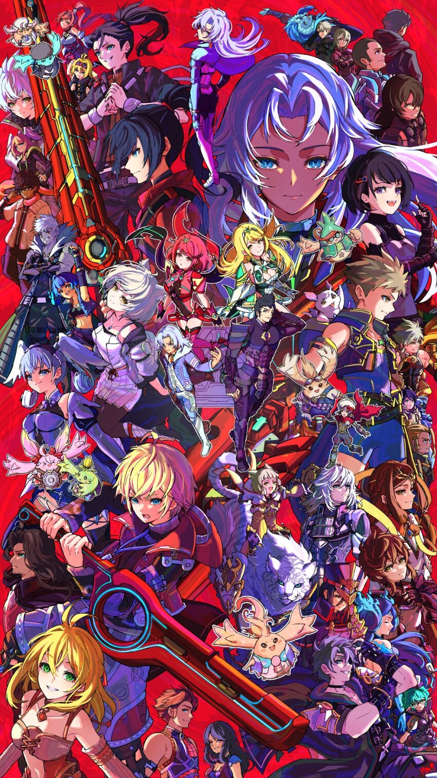 breasts cleavage fiora_(xenoblade) highres large_breasts melia_antiqua milo_monzon monado multiple_boys multiple_girls mythra_(xenoblade) nia_(xenoblade) pyra_(xenoblade) rex_(xenoblade) shulk_(xenoblade) xenoblade_chronicles_(series) xenoblade_chronicles_1 xenoblade_chronicles_2 xenoblade_chronicles_3 xenoblade_chronicles_x