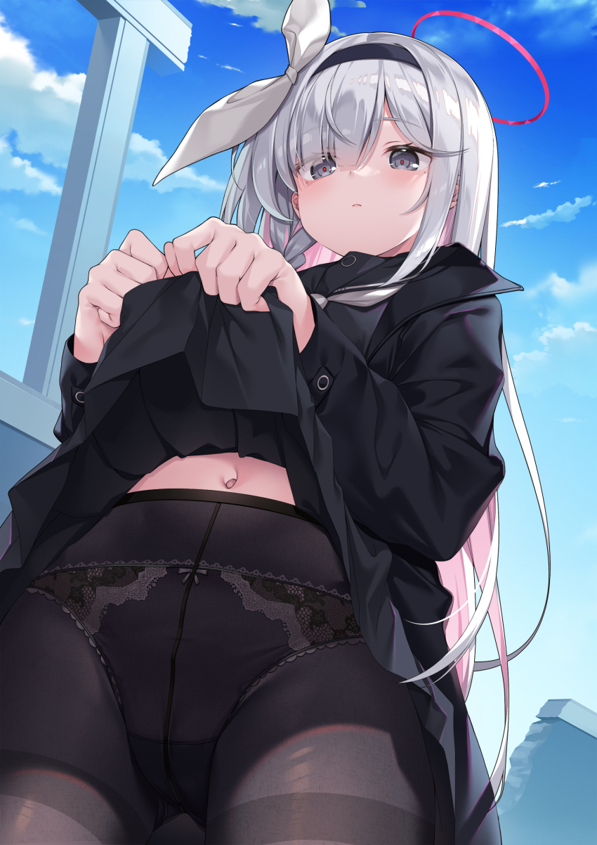 1girl black_hairband black_pantyhose black_serafuku black_shirt black_skirt blue_archive blue_sky bow clothes_lift frilled_panties frills from_below grey_eyes hair_bow hair_over_one_eye hairband halo highres lifting_own_clothes long_hair moti_ken navel outdoors panties panties_under_pantyhose pantyhose plana_(blue_archive) pleated_skirt red_halo red_pupils school_uniform serafuku shirt skirt skirt_lift sky solo underwear very_long_hair white_bow