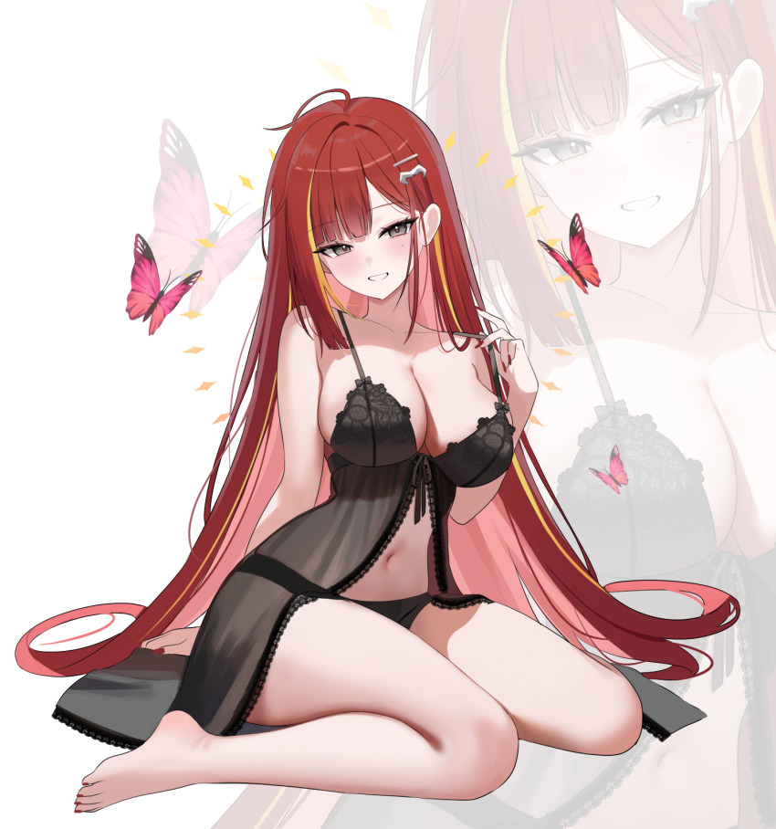 1girl ahoge akane_lize babydoll bare_legs bare_shoulders barefoot black_babydoll black_eyes black_panties breasts bug butterfly cleavage grin hair_ornament hairclip highres insect large_breasts long_hair looking_at_viewer mole mole_under_eye multicolored_hair nannung navel panties red_hair simple_background sitting smile solo spaghetti_strap stellive stomach strap_pull streaked_hair thighs underwear very_long_hair virtual_youtuber wariza white_background zoom_layer