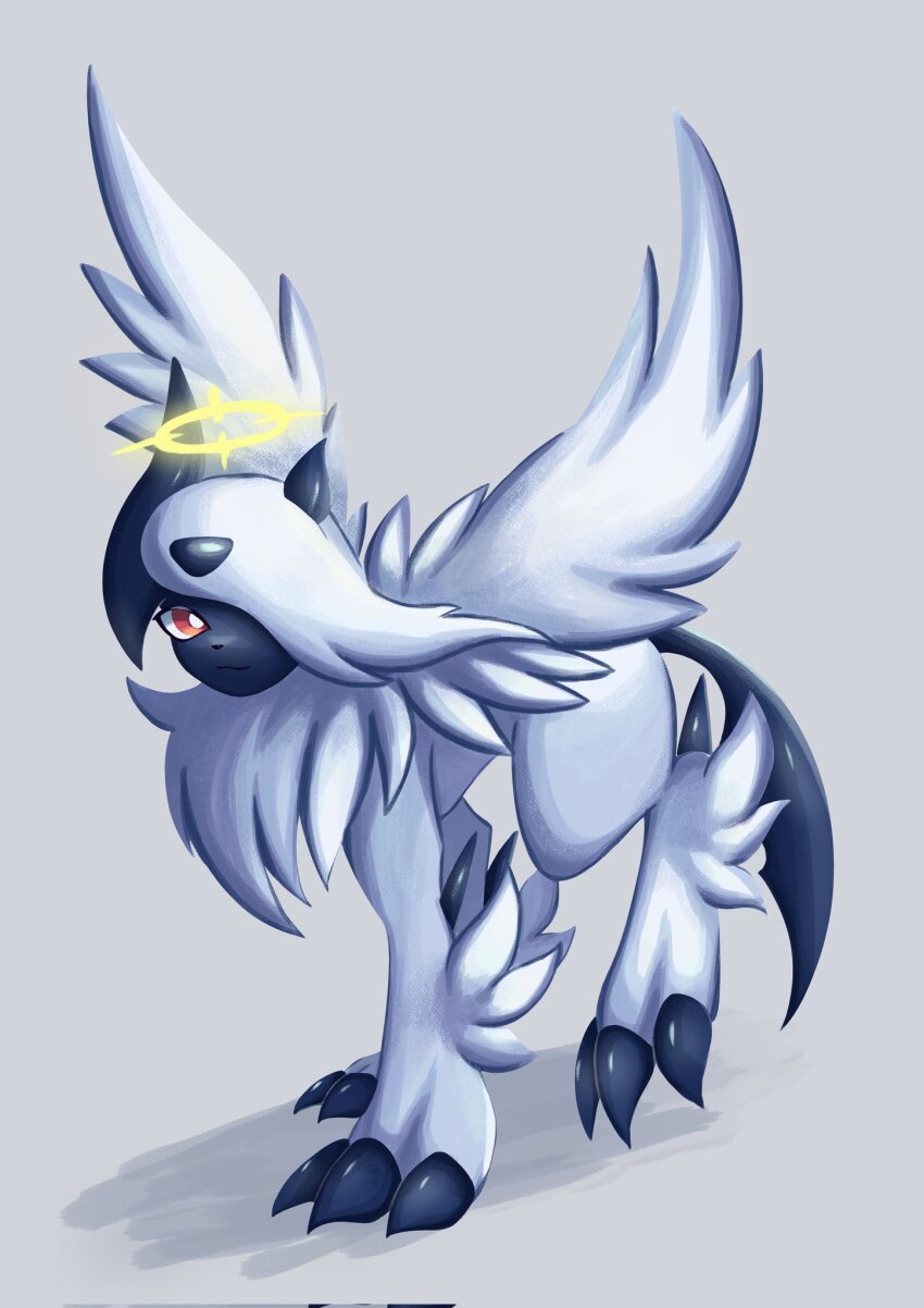 absol claws closed_mouth feathered_wings gen_3_pokemon highres horns long_hair mega_absol mega_pokemon nintendo pokemon pokemon_(creature) red_eyes smile solo soruva_359 white_hair wings