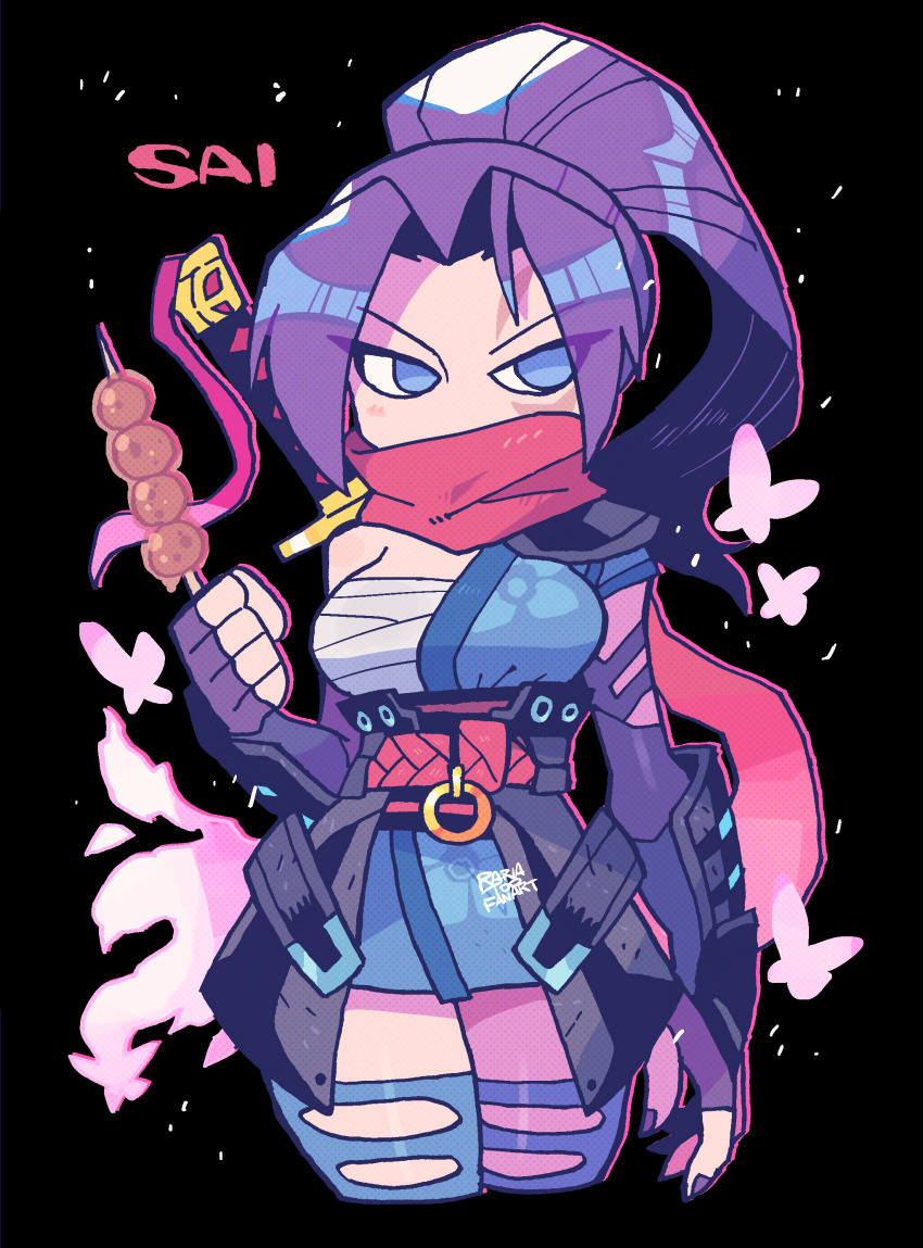 1girl absurdres blush breasts dango elbow_gloves food gloves highres large_breasts long_hair marvel marvel_rivals mitarashi_dango ponytail psylocke psylocke_(sai) purple_eyes purple_hair rariatto_(ganguri) sarashi sash scarf solo superhero_costume sword thighhighs wagashi weapon x-men