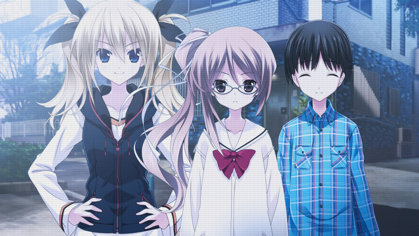 1boy 2girls arimura_hinae black_bow black_hair black_hoodie black_ribbon blue_eyes blue_shirt blurry blurry_background bow breast_pocket brown_eyes chaos;child chest_bow collarbone collared_shirt facing_viewer frown game_cg hair_between_eyes highres hood hoodie long_hair long_sleeves looking_at_viewer monitor_filter multiple_girls official_art one_side_up parted_bangs plaid_clothes plaid_shirt pocket red_bow ribbon sailor_collar sailor_shirt sasaki_mutsumi shirt short_hair side_ponytail sleeveless sleeveless_hoodie smile smug striped_sleeves tachibana_yuuto twintails white_ribbon white_sailor_collar white_shirt wide_sleeves yamazoe_uki