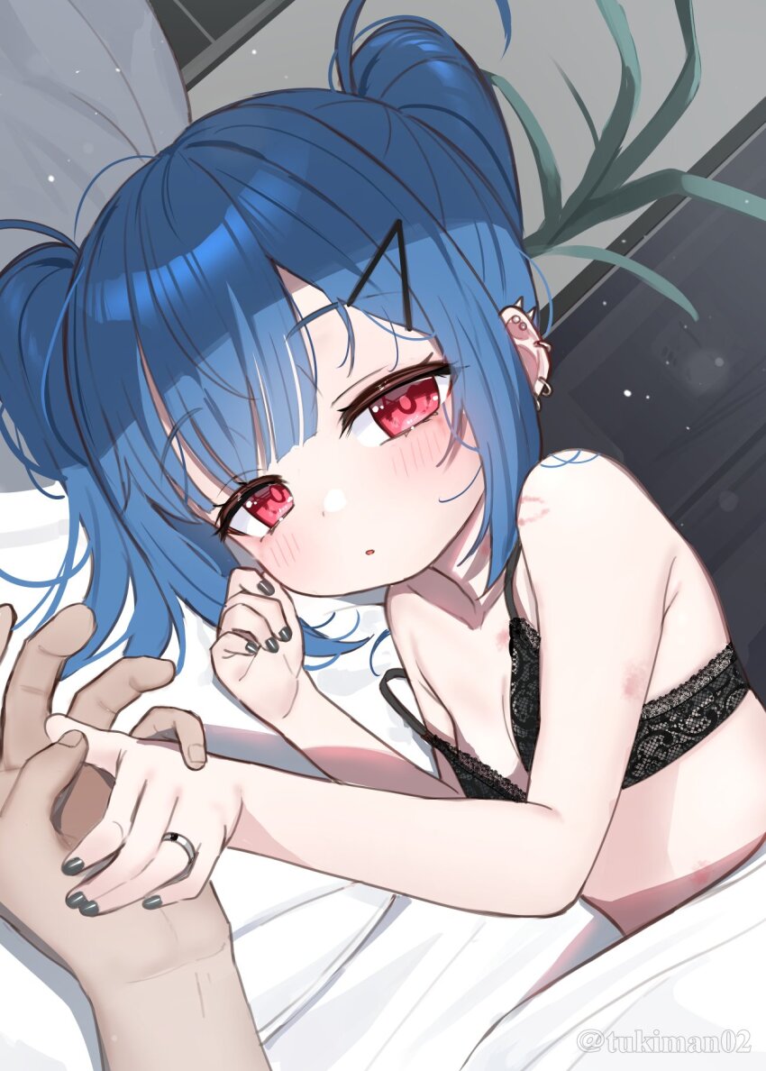 1boy 1girl bed black_bra blue_hair blush bra breasts commentary_request dutch_angle ear_piercing grey_nails hair_ornament hairclip hand_up hetero highres indoors jewelry kanae_(tsukiman) loli long_hair looking_at_viewer lying nail_polish on_side original parted_lips piercing pillow red_eyes ring small_breasts solo_focus strap_slip tsukiman twintails under_covers underwear underwear_only upper_body