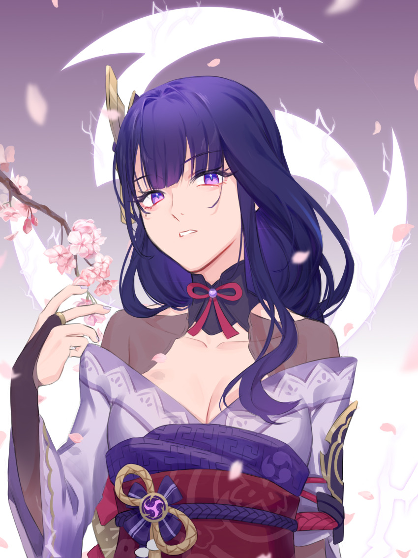 1girl absurdres armor asymmetrical_sleeves blue_pupils blunt_bangs branch bridal_gauntlets cherry_blossoms clothing_cutout commentary electricity electro_symbol_(genshin_impact) english_commentary fan_hair_ornament genshin_impact gradient_background gradient_hair hair_ornament head_tilt highres japanese_clothes kimono looking_at_viewer looking_to_the_side mitsudomoe_(shape) mole mole_under_eye multicolored_eyes multicolored_hair off_shoulder parted_lips purple_eyes purple_kimono raiden_shogun red_sash sabergoetia sash shade shoulder_armor shoulder_cutout solo standing teeth tomoe_(symbol) uneven_sleeves upper_body wide_sleeves