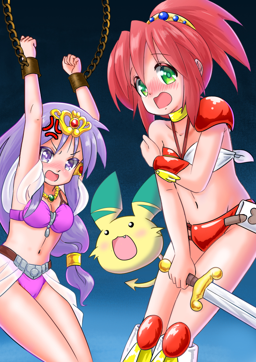 2girls anger_vein annoyed armor armpits arms_up belt bikini bikini_armor blush boots bracer breasts caron_(rall) caron_(rall)_(cosplay) chain cosplay covering_breasts covering_privates cream_lemon cuffs embarrassed green_eyes hair_ornament highres hiiragi_kagami jewelry julia_(rall) julia_(rall)_(cosplay) knee_boots kobayakawa_yutaka long_hair low-tied_long_hair lucky_star mtak46597821 multiple_girls navel necklace open_mouth pink_bikini ponytail purple_eyes purple_hair red_bikini red_hair sf_choujigen_densetsu_rall showgirl_skirt skirt stomach swimsuit sword thighs weapon white_skirt