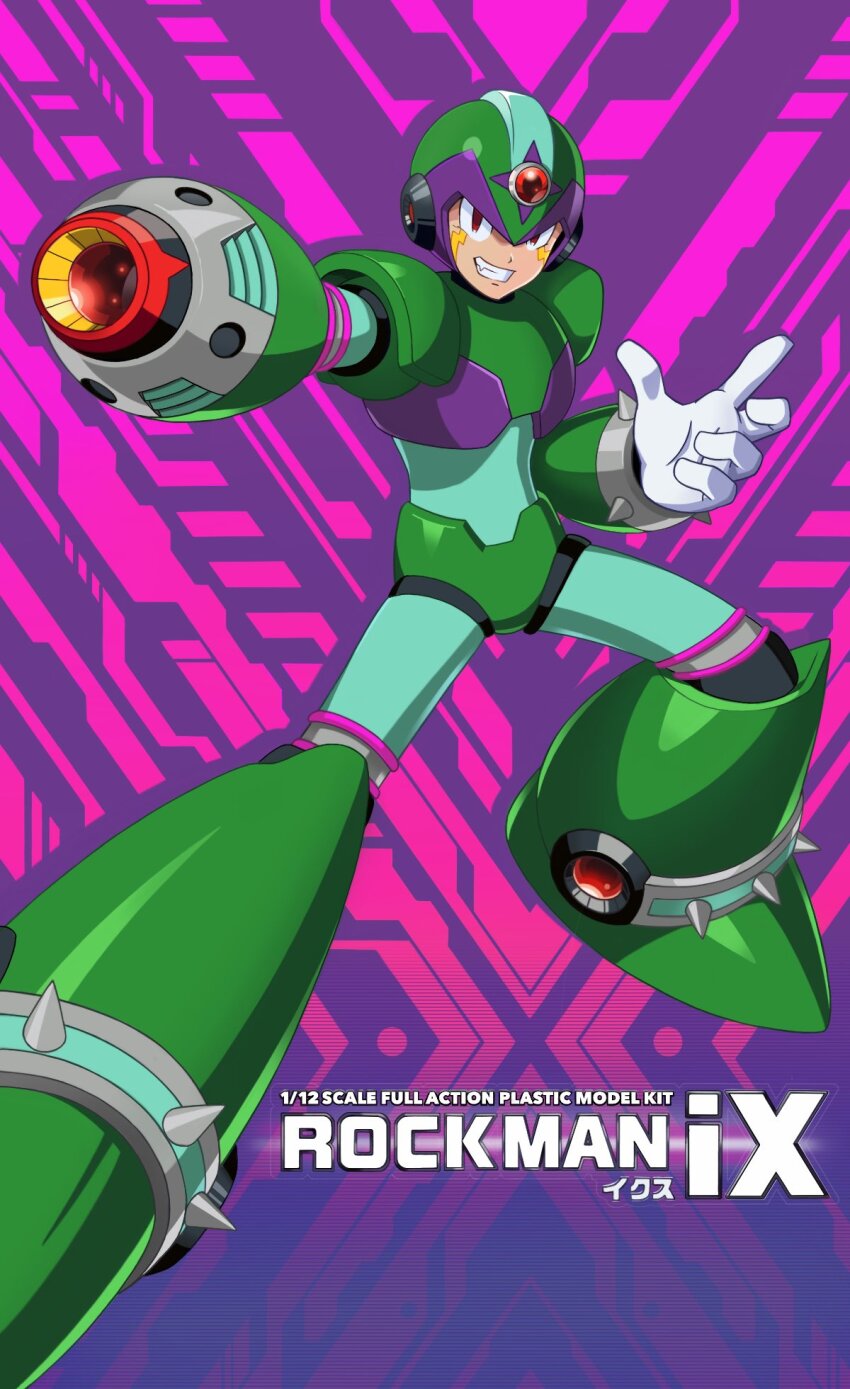 1boy aiming aiming_at_viewer android arm_cannon armor evil_grin evil_smile facial_mark fang feet_out_of_frame fighting_stance full_body gloves green_armor green_helmet grin helmet highres ix_(mega_man) looking_at_viewer male_focus mega_man_(series) official_style purple_background red_eyes robot robot_ears smile solo spiked sprinqgueen weapon white_gloves x_(mega_man)