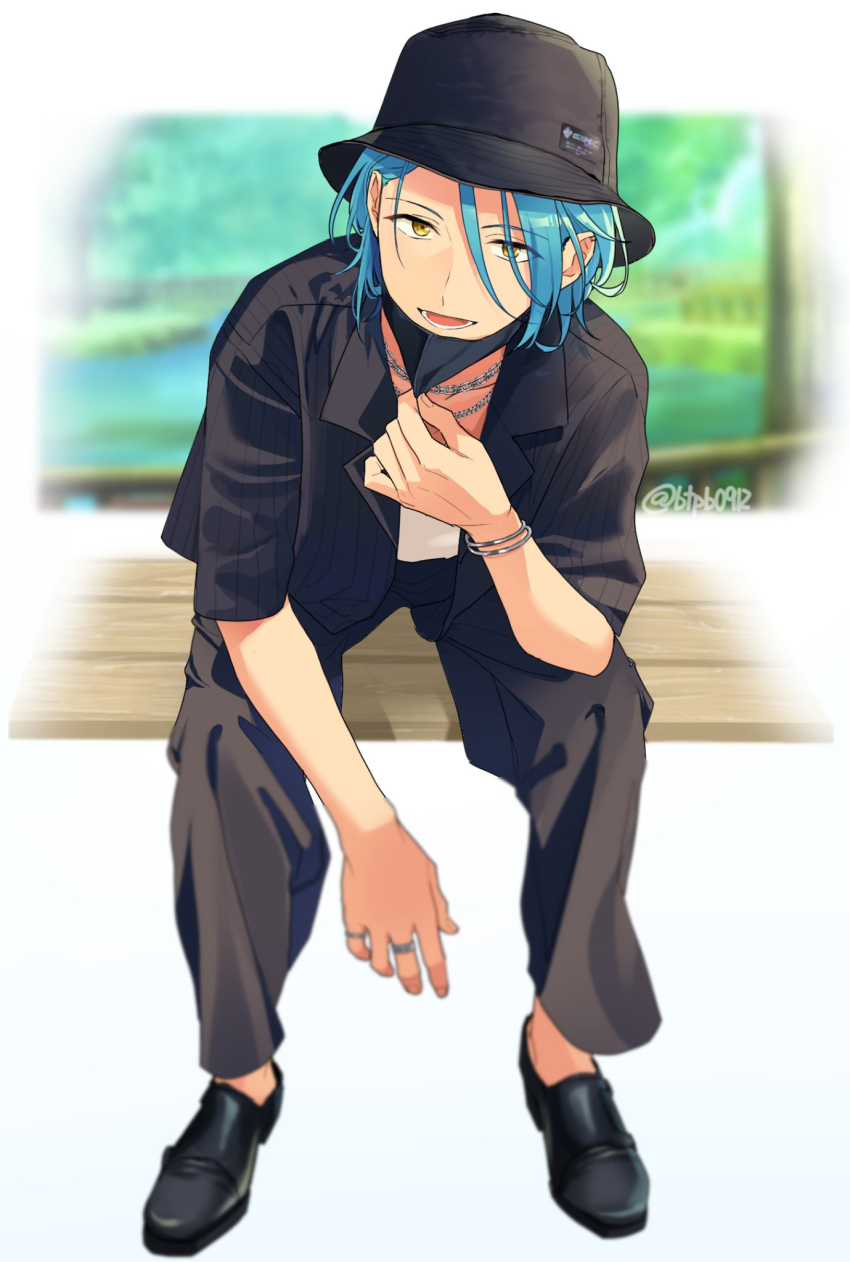 1boy :d artist_name bishounen black_cardigan black_hat black_mask black_pants black_shoes blue_hair blurry border bracelet bucket_hat cardigan depth_of_field elbow_on_knee elbow_rest ensemble_stars! fading_border hair_between_eyes hand_up hat highres himeru_(ensemble_stars!) jewelry kaneko_(05244256) lapels leaning_forward light_smile loafers looking_at_viewer lower_teeth_only male_focus mask mask_pull medium_hair messy_hair mouth_mask multiple_necklaces official_style on_bench open_cardigan open_clothes open_mouth outdoors pants ring shoes sitting smile solo teeth white_background yellow_eyes
