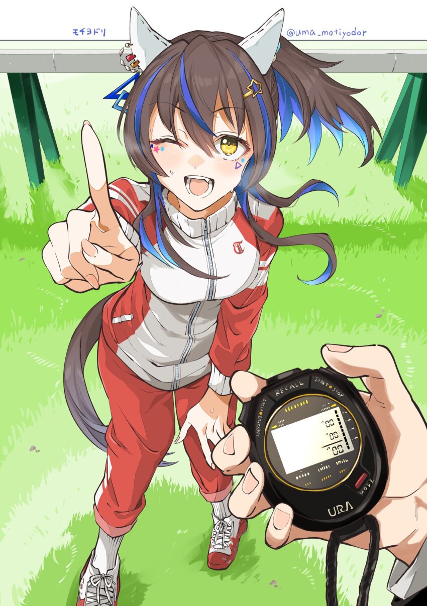 1boy 1girl animal_ears blue_hair blush breasts brown_hair colored_inner_hair daitaku_helios_(umamusume) ear_covers ear_ornament facial_tattoo fang hair_between_eyes hair_ornament hairclip highres holding holding_stopwatch horse_ears horse_girl horse_tail jacket long_hair looking_at_viewer medium_breasts multicolored_hair one_eye_closed open_mouth outdoors pants pointing pointing_at_viewer red_jacket red_pants red_track_suit side_ponytail smile solo_focus star_(symbol) star_hair_ornament stopwatch streaked_hair tail tattoo teeth tracen_training_uniform track_jacket track_pants track_suit trainer_(umamusume) uma_motiyodor umamusume watch yellow_eyes