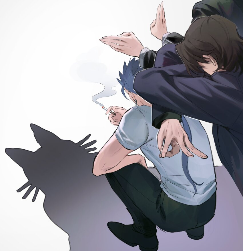 3boys absurdres back black_pants blue_hair brown_hair cat_shadow_puppet_(meme) cigarette cu_chulainn_(casual_wear)_(fate) cu_chulainn_(fate) cu_chulainn_(fate/stay_night) earrings fate/stay_night fate_(series) from_behind gilgamesh_(fate) highres holding holding_cigarette jacket jewelry kotomine_kirei long_hair long_sleeves male_focus meme multiple_boys pants ponytail rijjin shadow shirt short_sleeves simple_background squatting white_background white_shirt
