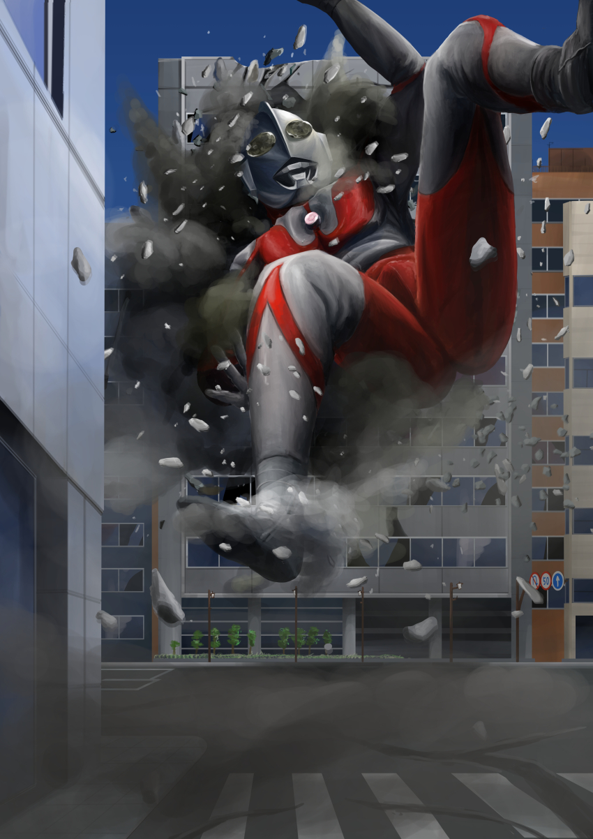 1boy absurdres alien arm_up arrow_(symbol) blue_sky building city cityscape color_timer colored_skin commentary compound_eyes crack cracked_road crosswalk day debris destruction dorsal_fin dust_cloud empty_eyes facing_up falling foot_out_of_frame gattyo giant highres lamppost landing legs_up male_focus multicolored_skin muscular muscular_male no_u-turn_sign outdoors pectorals red_skin road road_sign sidewalk sign silver_skin sky solo speed_limit_sign street tokusatsu tree ultra_series ultraman ultraman_(1st_series) wrinkled_skin