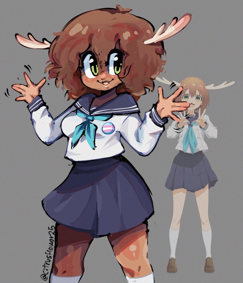 1girl :3 alternate_body_size alternate_skin_color alternate_species antlers aqua_neckerchief artist_name badge blue_sailor_collar blue_skirt brown_hair button_badge citrusflower25 commentary dark-skinned_female dark_skin deer_girl fanfic green_eyes grey_background hands_up highres horns long_sleeves medium_hair miniskirt neckerchief open_mouth pleated_skirt reference_inset sailor_collar school_uniform serafuku shikanoko_noko shikanoko_nokonoko_koshitantan shirt simple_background skirt smile solo transgender_flag very_dark_skin white_background white_shirt