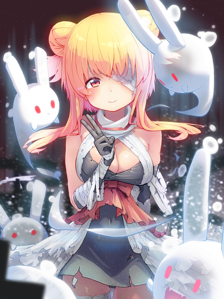 1girl alice_gear_aegis bandages battle_girl_high_school black_dress black_gloves blonde_hair blush breasts commentary_request double_bun dress ghost gloves hair_bun highres large_breasts looking_at_viewer orange_eyes rabbit red_eyes smaragdus_viridi solo v watagi_michelle