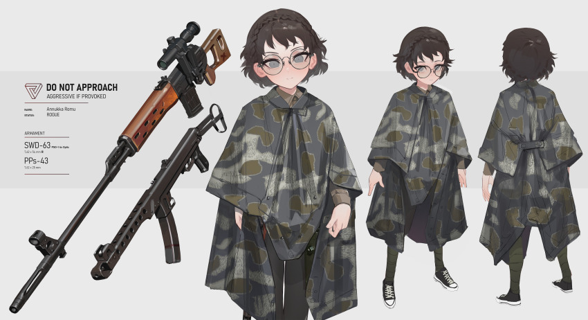 1girl absurdres annukka_romu black_pants brown_hair brown_shirt camouflage_cloak collared_shirt commission dragunov_svd english_text full_body glasses grey_eyes gun highres looking_at_viewer multiple_views original pants polilla poncho pps-43 rifle shirt sniper_rifle solo submachine_gun turnaround weapon