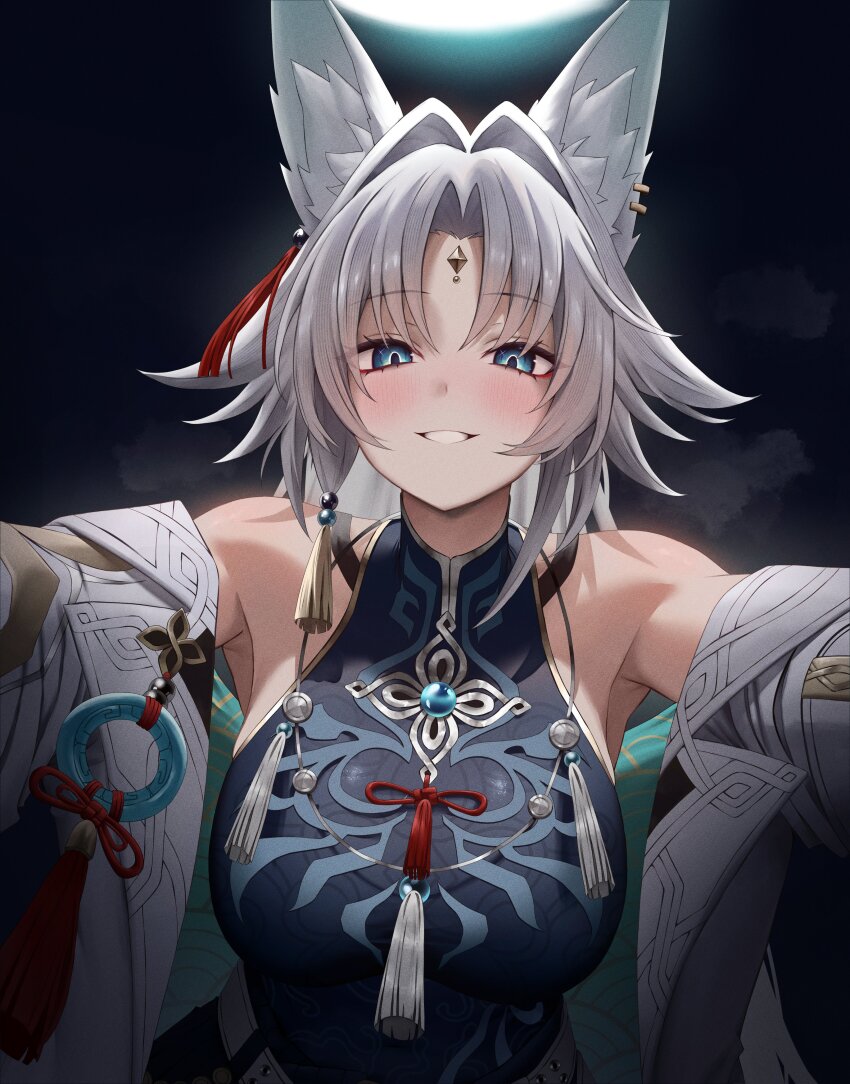 1girl absurdres animal_ear_piercing animal_ears bare_shoulders blue_eyes blue_shirt breasts commentary commission english_commentary feixiao_(honkai:_star_rail) forehead_jewel fox_ears fox_girl hair_intakes highres honkai:_star_rail honkai_(series) jacket large_breasts long_hair looking_at_viewer open_clothes open_jacket parted_bangs parted_lips shirt smile solo upper_body vitaminechan white_hair white_jacket