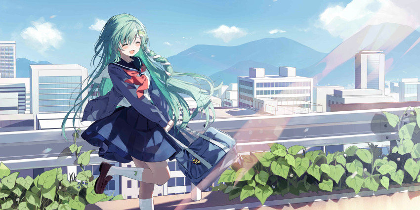 1girl alternate_costume animal_print bag bag_charm blue_skirt blue_sky blush boots brown_shoes building cardigan charm_(object) cloud commentary contemporary day english_commentary facing_viewer frog_hair_ornament frog_print game_cg green_hair grey_cardigan hair_ornament hair_tubes highres holding holding_bag knee_boots kochiya_sanae leaf leg_up loafers long_hair long_sleeves neckerchief official_art open_cardigan open_clothes open_mouth pentagon_(railgun_ky1206) print_socks railing red_neckerchief sailor_collar sailor_shirt school_bag school_uniform shirt shoes single_hair_tube skirt sky smile snake_hair_ornament socks solo third-party_source touhou touhou_lostword very_long_hair white_shirt white_socks