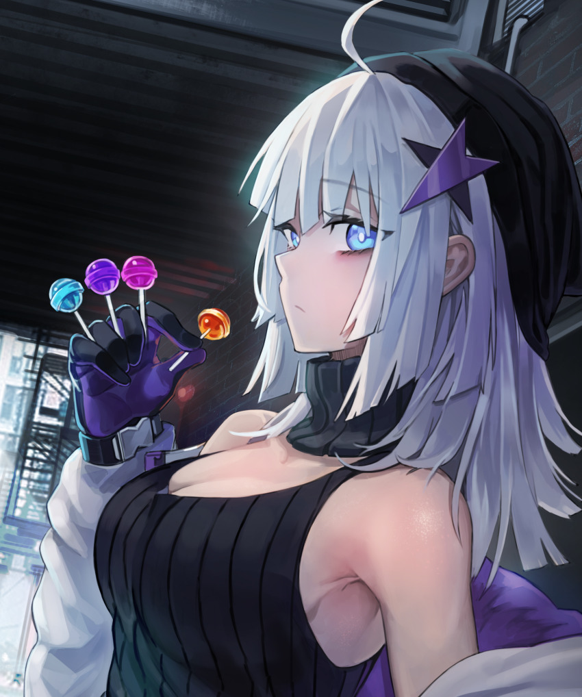 1girl aa-12_(girls&#039;_frontline) absurdres ahoge alley armpit_crease bad_id bad_pixiv_id bags_under_eyes black_collar black_gloves black_hat black_tank_top blue_eyes breasts buckle candy cleavage collar commentary expressionless fire_escape food girls&#039;_frontline gloves hair_ornament hat highres holding holding_candy holding_food holding_lollipop jacket lollipop looking_at_viewer medium_hair multicolored_jacket nlitz off_shoulder open_clothes open_jacket outdoors purple_gloves purple_jacket ribbed_collar ribbed_tank_top shorts sideways_glance snap-fit_buckle solo star_(symbol) star_hair_ornament tank_top turtleneck two-sided_fabric two-sided_gloves two-sided_jacket two-tone_jacket white_hair white_jacket