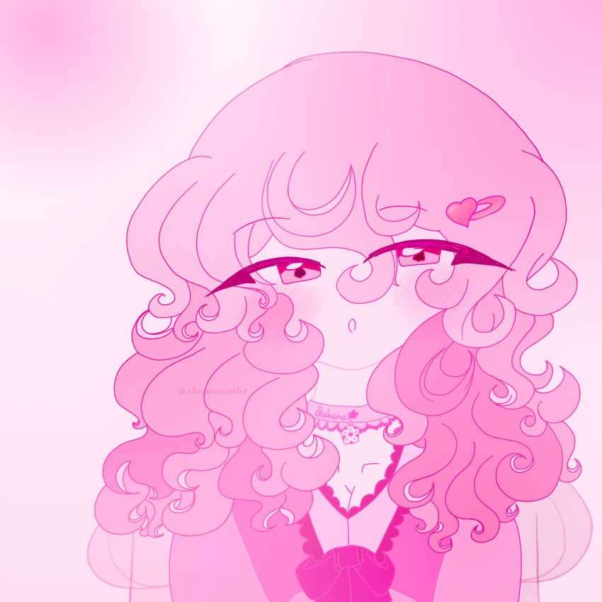 blush bow colored_eyelashes curly_hair dress flower hair_ornament hairclip highres pink_background pink_bow pink_dress pink_flower pink_hair pink_lips puffy_sleeves shiena_scarlet