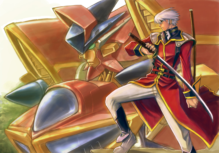 grungust_sanshiki highres katana kengko mecha robot sanger_zonvolt scabbard sheath super_robot_wars sword weapon