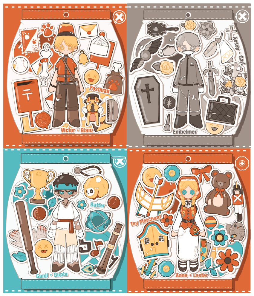 1girl 3boys aesop_carl aircraft anne_lester bag ball baseball bell belt black_footwear black_ribbon blonde_hair blue_eyes blue_flower blue_headband bone bow braid briefcase brown_bag brown_belt brown_footwear brown_hair button_eyes buttons character_name coffin cricket cricket_bat czech_clothes dark-skinned_male dark_skin dog envelope floral_print flower flute frown full_body ganji_gupta glider gloves grey_eyes grey_hair grey_pants grey_shirt hair_over_shoulder hand_mirror harmonica headband heart highres identity_v instrument japanese_postal_mark leaf letter long_hair long_skirt long_sleeves mail makeup_brush mask medal mirror mouth_mask multiple_boys musical_note neck_ribbon nutcracker outline pants postage_stamp postbox_(outgoing_mail) recorder red_belt red_bow red_flower red_veil red_vest ribbon rose satchel sheep shirt shoes short_hair short_sleeves shoulder_bag skirt slavic_clothes smile spinning_top standing stitched_mouth stitches stuffed_animal stuffed_toy stuffing sword teddy_bear toy toy_soldier trophy twin_braids typo veil vest victor_grantz wax_seal weapon white_gloves white_mask white_outline white_shirt white_skirt whybe123 wick_(identity_v) x_x yellow_flower yellow_rose
