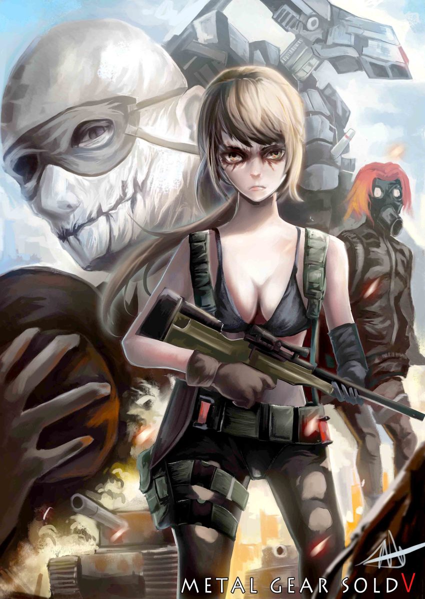 1girl absurdres airgate116 bra brown_hair cannon green_hair gun highres holding holding_gun holding_weapon magnetic_weapon metal_gear_(series) metal_gear_sahelanthropus metal_gear_solid metal_gear_solid_v:_the_phantom_pain navel psycho_mantis quiet_(metal_gear) railgun skull_face torn_clothes torn_legwear underwear weapon