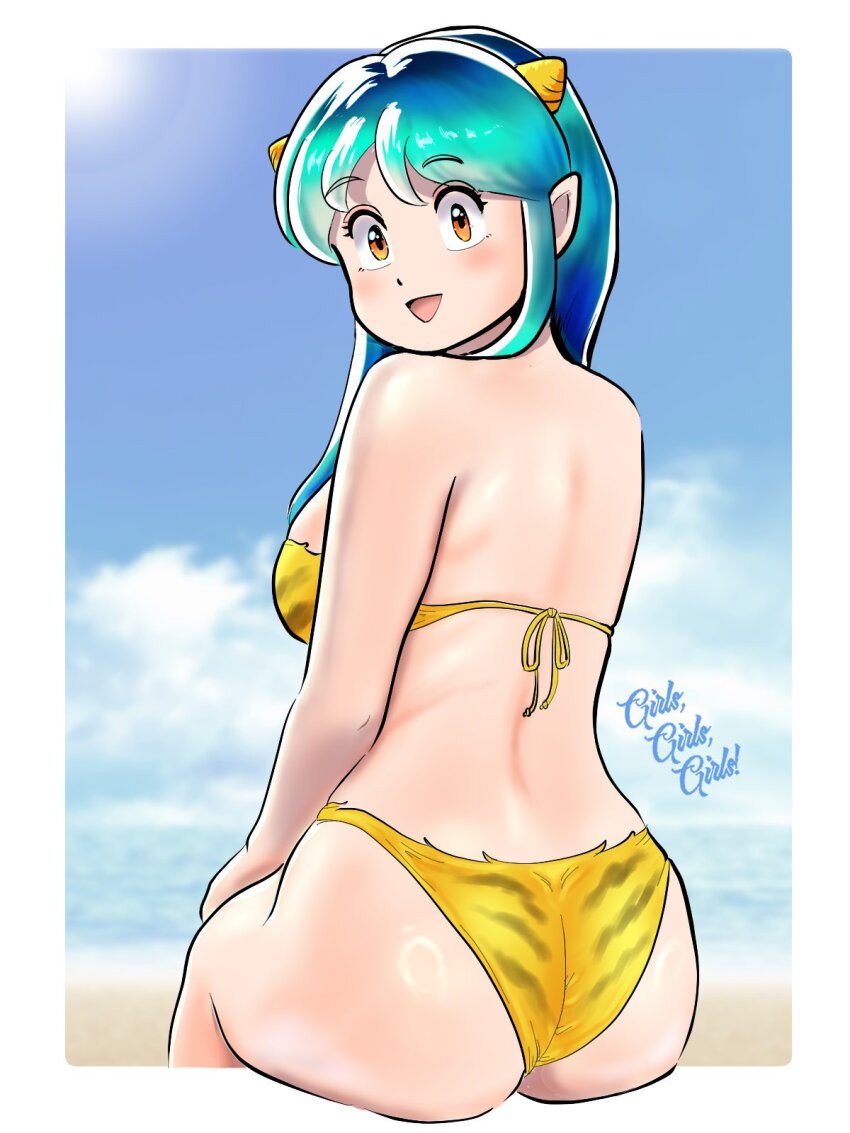 1girl animal_print ass beach bikini breasts green_hair highres horns kenken28937178 looking_at_viewer looking_back lum medium_breasts oni sky smile solo swimsuit tiger_print urusei_yatsura wedgie yellow_eyes