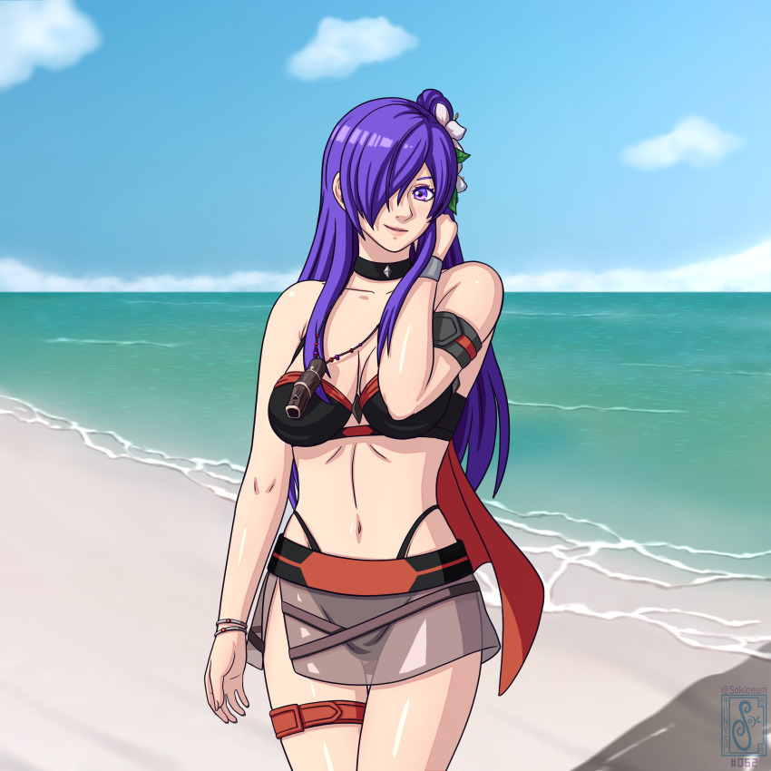 1girl absurdres beach blue_sky breasts cleavage female_shez_(fire_emblem) female_shez_(summer)_(fire_emblem) fire_emblem fire_emblem_heroes highres large_breasts nintendo ocean pin_up purple_eyes sky sokloeum
