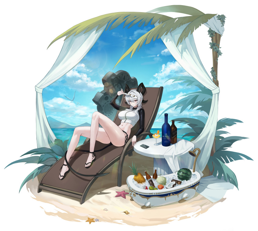 1girl absurdres alternate_costume bare_legs beach_chair beer_bottle bikini black_bikini black_horns black_sandals blue_sky bottle breasts can cellphone coconut commentary cup curled_horns day drink_can drinking_glass food fruit grey_hair hair_between_eyes highres horns large_breasts legs long_hair looking_at_viewer navel on_chair outdoors parted_lips phone pineapple red_eyes sandals side-tie_bikini_bottom sitting sky smartphone solo sp123 stomach swimsuit tacet_discord_(wuthering_waves) tail thighs toes watermelon wide_shot wuthering_waves zani_(wuthering_waves)