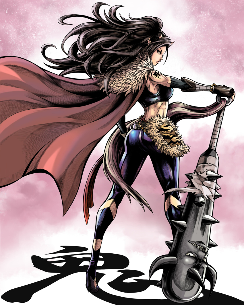 1girl ass belt black_hair black_pants breasts cape club club_(weapon) commentary_request covered_erect_nipples crop_top female_focus from_behind full_body fur_collar hand_on_own_hip high_heels highres horns huge_weapon lips living_weapon long_hair looking_back medium_breasts oni oni_horns oni_nee-san_(to-ru) original pants planted pointy_ears sash shoulder_tattoo solo spiked_club stiletto_heels tattoo tight_clothes tight_pants to-ru toned weapon wind wind_lift