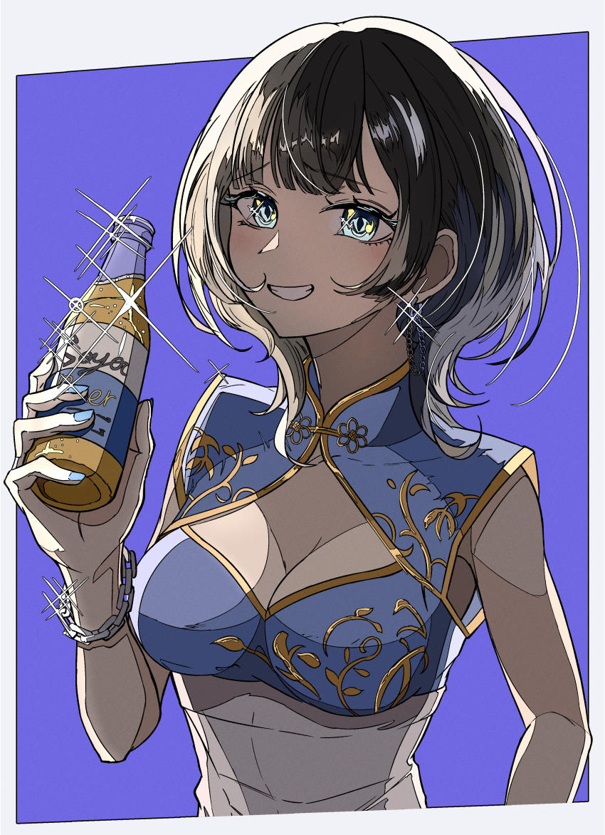 1girl absurdres aqua_eyes beer_bottle black_hair blue_background blue_dress blunt_bangs bob_cut border bottle breasts china_dress chinese_clothes cleavage cleavage_cutout clothing_cutout commission dress furrowed_brow glint grin hand_up highres holding holding_bottle indie_virtual_youtuber looking_at_viewer medium_breasts natsugu72 official_art short_hair skeb_commission sleeveless sleeveless_dress smile solo soyogi_lanmei teeth upper_body virtual_youtuber white_border wrist_chain
