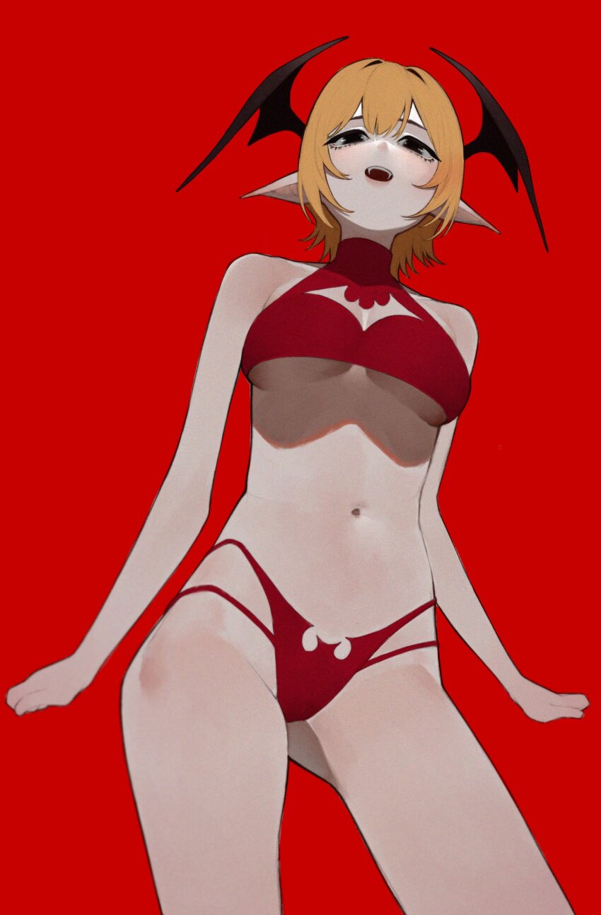 1girl :d anemoneeanemone bare_arms bare_legs bare_shoulders bat_cutout bat_wings black_eyes blonde_hair borrowed_character breasts cleavage_cutout clothing_cutout cowboy_shot from_below halterneck head_wings highres long_pointy_ears looking_at_viewer medium_breasts navel open_mouth original pointy_ears red_background scarlett_(justadrian) short_hair simple_background smile solo stomach underboob wings