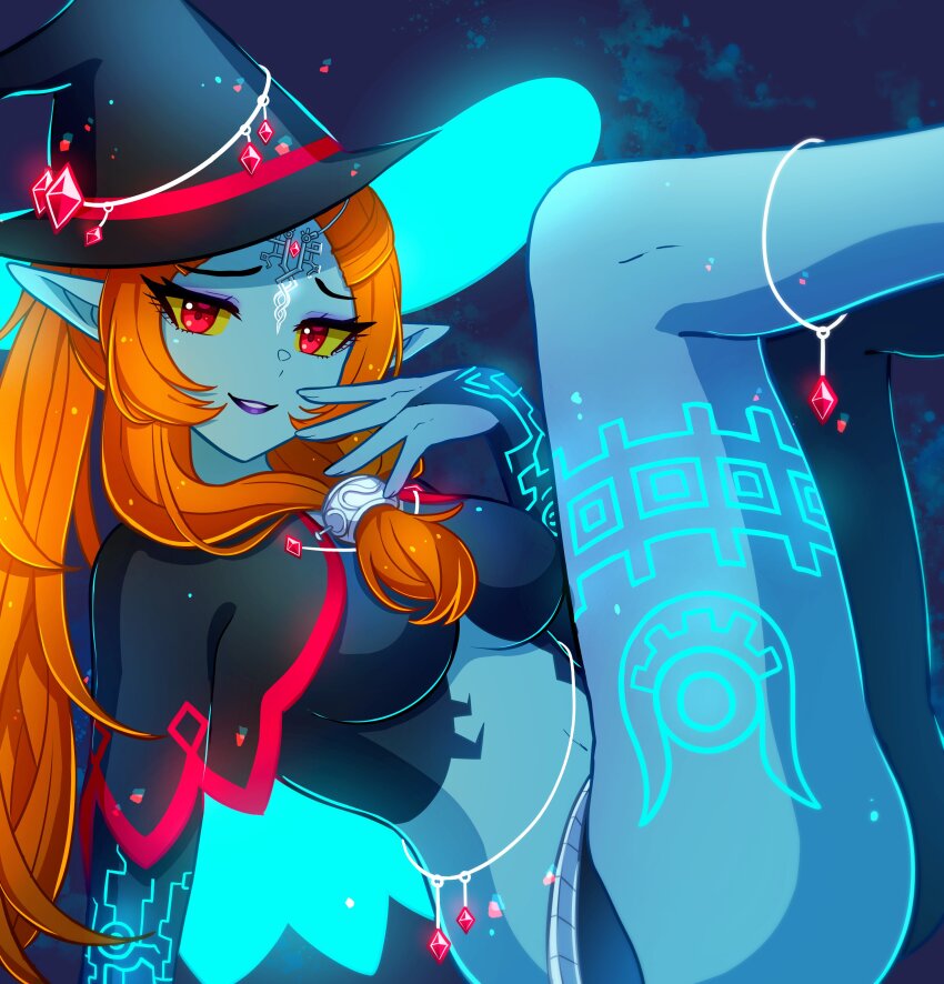 1girl absurdres black_capelet black_hat blue_skin capelet colored_sclera colored_skin commentary english_commentary enni from_side hat highres looking_at_viewer midna midna_(true) nintendo orange_hair parted_bangs pointy_ears red_eyes solo the_legend_of_zelda the_legend_of_zelda:_twilight_princess witch_hat yellow_sclera