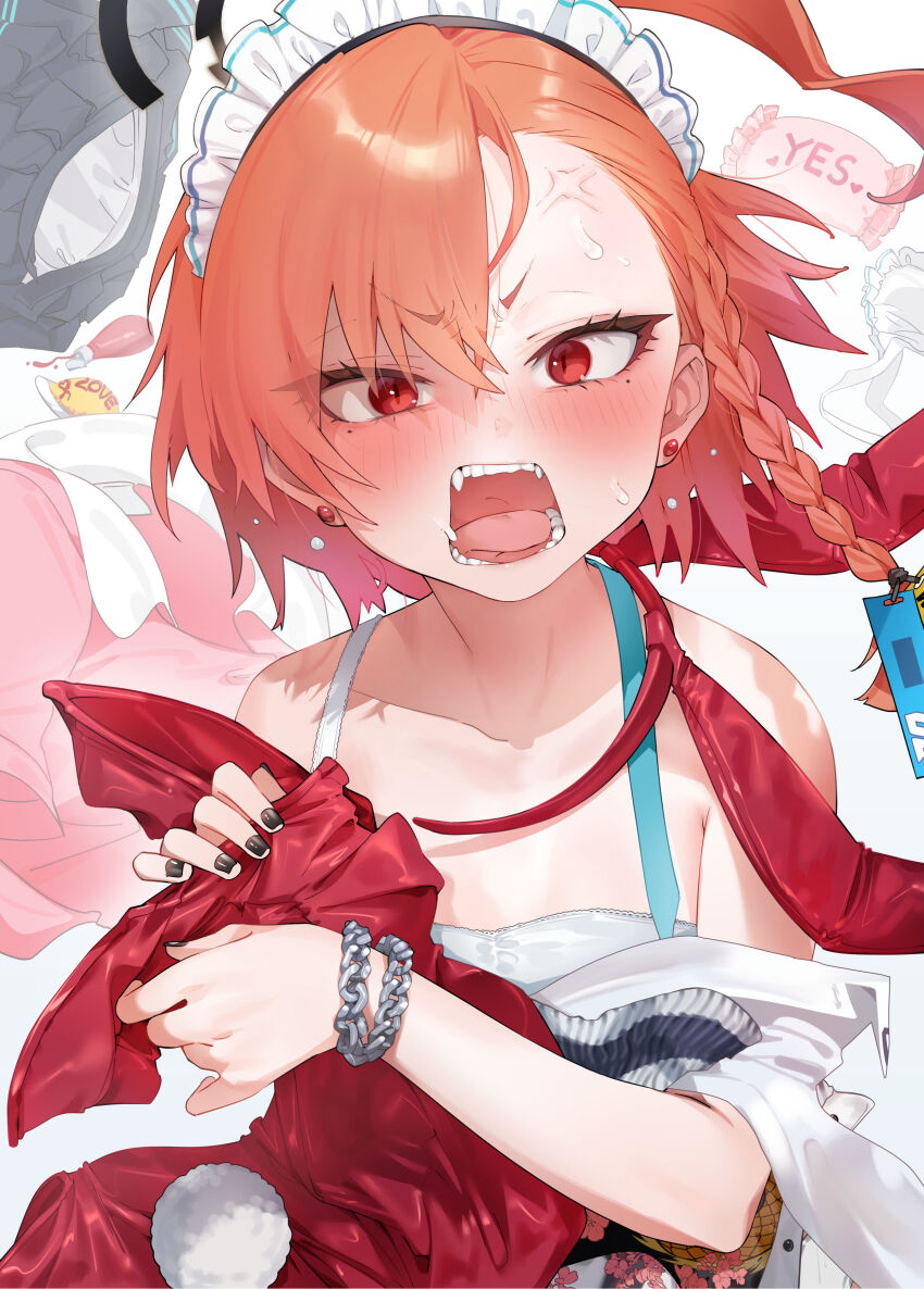 1girl absurdres anger_vein angry animal_ears black_nails blue_archive blush braid earrings fake_animal_ears fangs food halo highres jacket jewelry ketchup ketchup_bottle leotard looking_at_viewer maid_headdress mole mole_under_each_eye mole_under_eye multiple_moles neru_(blue_archive) neru_(bunny)_(blue_archive) omelet omurice open_mouth orange_hair rabbit_ears rabbit_tail red_eyes red_leotard short_hair solo stud_earrings sukajan sweat tail wrist_chain yanyo_(ogino_atsuki)