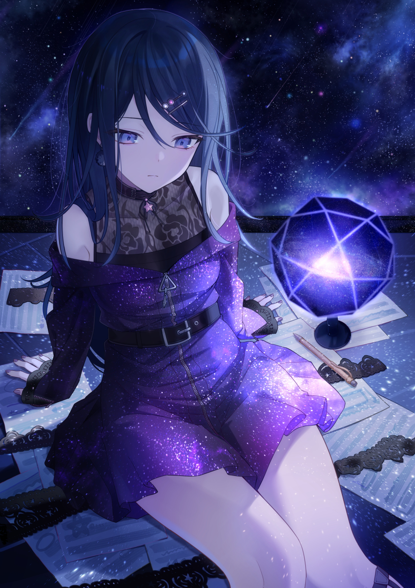 1girl absurdres bare_shoulders belt black_choker black_hair choker closed_mouth dress expressionless highres hoshino_ichika_(project_sekai) long_hair long_sleeves looking_at_viewer looking_back off-shoulder_dress off_shoulder project_sekai purple_dress purple_eyes sitting sky solo star_(sky) starry_sky starry_sky_print swept_bangs thighs timmoo undershirt