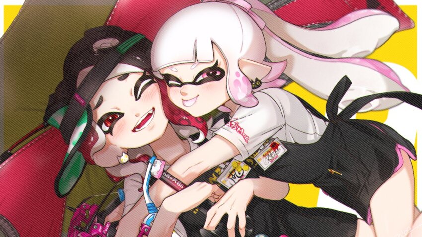 2girls :p apron black_apron black_hair cat_earrings commentary commission dapple_dualies_(splatoon) earrings english_commentary fangs furrowed_brow gradient_hair hair_behind_ear hair_ribbon hug inkling inkling_girl inkling_player_character jewelry looking_at_viewer medium_hair multicolored_hair multiple_girls nintendo octoling octoling_girl octoling_player_character one_eye_closed open_mouth parted_bangs pink_eyes pink_hair pink_ribbon pointy_ears red_eyes ribbon shirt short_sleeves sideways_hat smile splatoon_(series) t-shirt tenta_brella_(splatoon) tentacle_hair tongue tongue_out visor_cap white_hair white_shirt yeneny