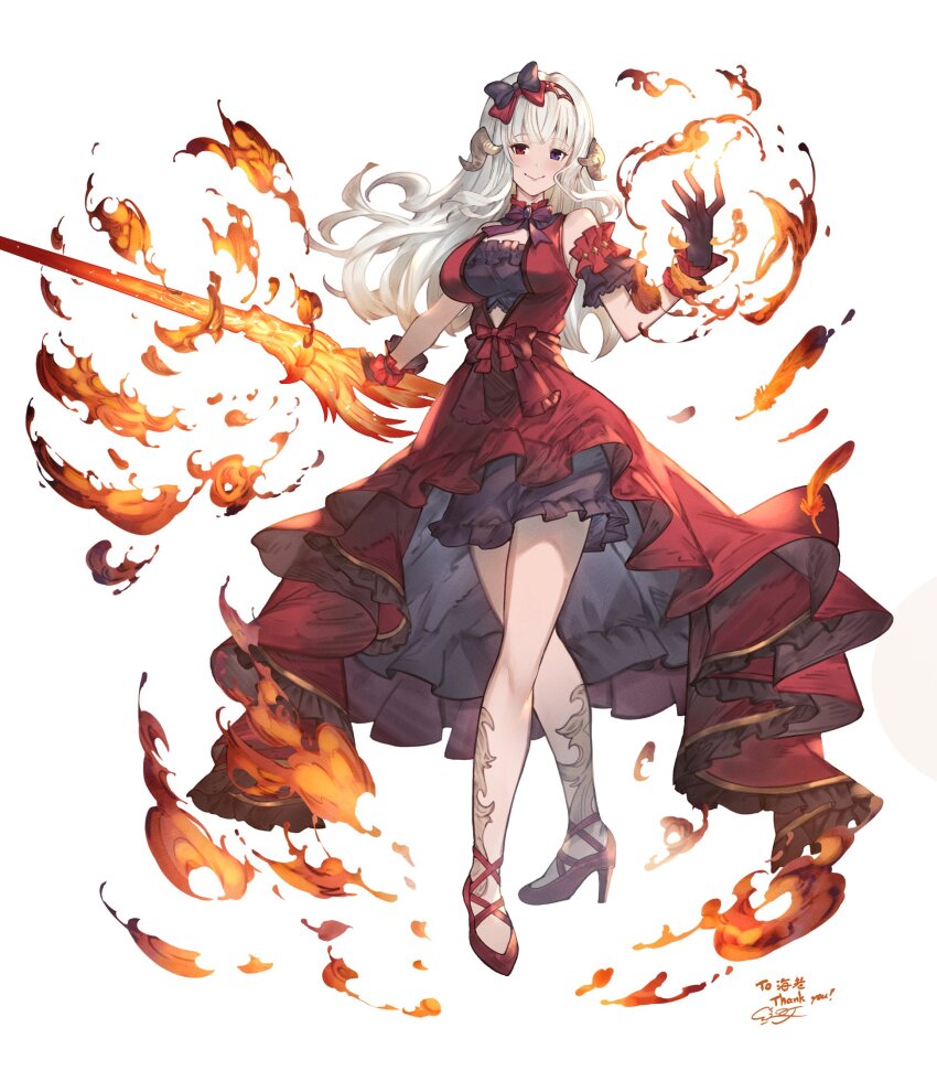 1girl au_ra ayacho black_bow black_gloves bow bowtie closed_mouth commentary commission crossed_legs dragon_horns dress final_fantasy final_fantasy_xiv fire flaming_sword flaming_weapon full_body gloves hair_bow hetero high-low_dress high-low_skirt high_heels highres holding holding_sword holding_weapon horns long_hair looking_at_viewer purple_bow purple_bowtie purple_eyes red_bow red_dress red_eyes red_footwear red_mage_(final_fantasy) skeb_commission solo standing sword thank_you warrior_of_light_(ff14) weapon white_hair