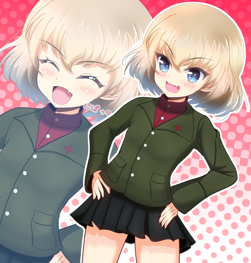 1girl blonde_hair blue_eyes blush breasts fang girls_und_panzer highres katyusha_(girls_und_panzer) kumaisao military_uniform open_mouth pravda_military_uniform short_hair small_breasts smile solo
