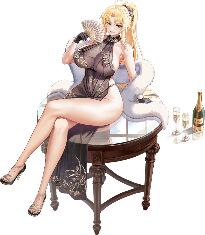 1girl ahoge arm_support barbariana_(last_origin) black_gloves blonde_hair bottle cup dress drinking_glass feather_boa folding_fan gloves green_eyes halter_dress halterneck hand_fan hand_up high_heels highleg highleg_panties highres holding holding_fan last_origin long_hair looking_at_viewer nail_polish official_art on_table panties parted_lips ponytail side_slit simple_background sitting smile solo table taesi toeless_footwear transparent_background underwear wine_bottle wine_glass wooden_table