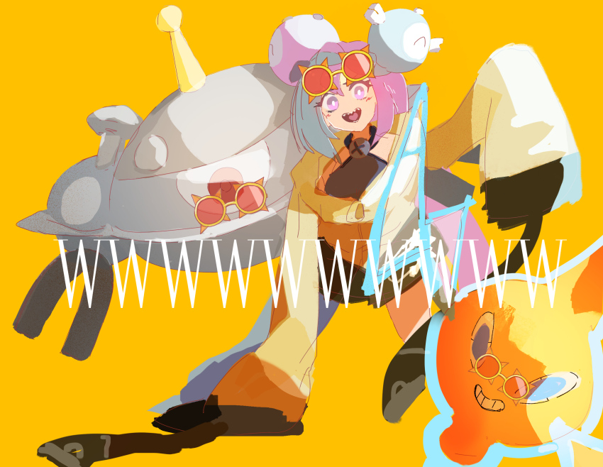 bow-shaped_hair choice_specs gen_4_pokemon highres iono_(pokemon) jacket long_hair low-tied_long_hair magnezone multicolored_hair nintendo norio_(norio386) oversized_clothes pokemon pokemon_sv rotom rotom_(normal) sharp_teeth split-color_hair teeth two-tone_hair very_long_sleeves x yellow_jacket
